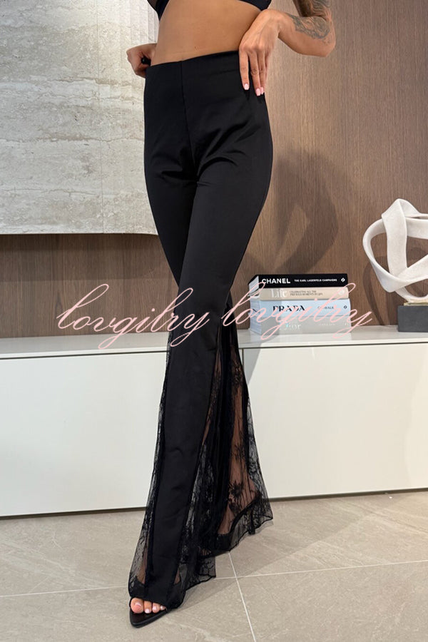 Dazzling Night High Waist Side Lace Hem Stretch Flare Pants