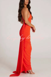 Sexy Backless Pleated Slim Solid Color Sleeveless Elegant Maxi Dress