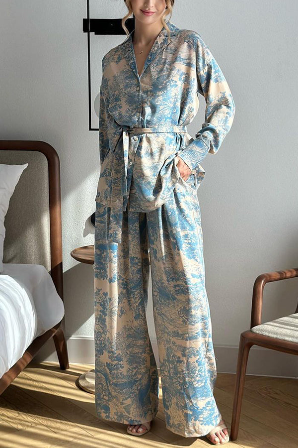 Unique Print Long-sleeved Tie Shirt and Elastic High-waist Wide-leg Pants Set