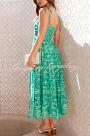 Unique Printed Suspender Tie Back Pleated Midi Dress