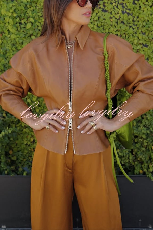 Pop of Brown Faux Leather Double Zipper Detail Balloon Sleeve Lapel Jacket