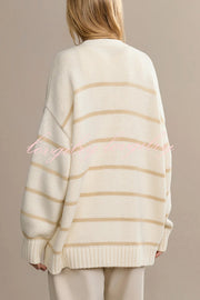 Striped Loose V-neck Long-sleeved Casual Knit Cardigan