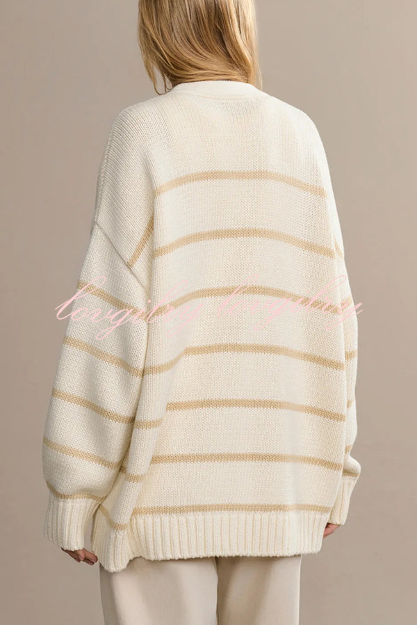Striped Loose V-neck Long-sleeved Casual Knit Cardigan