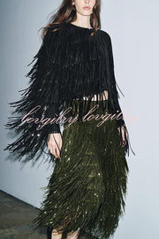 Stylish Sequined Tassel Elegant Midi Skirt