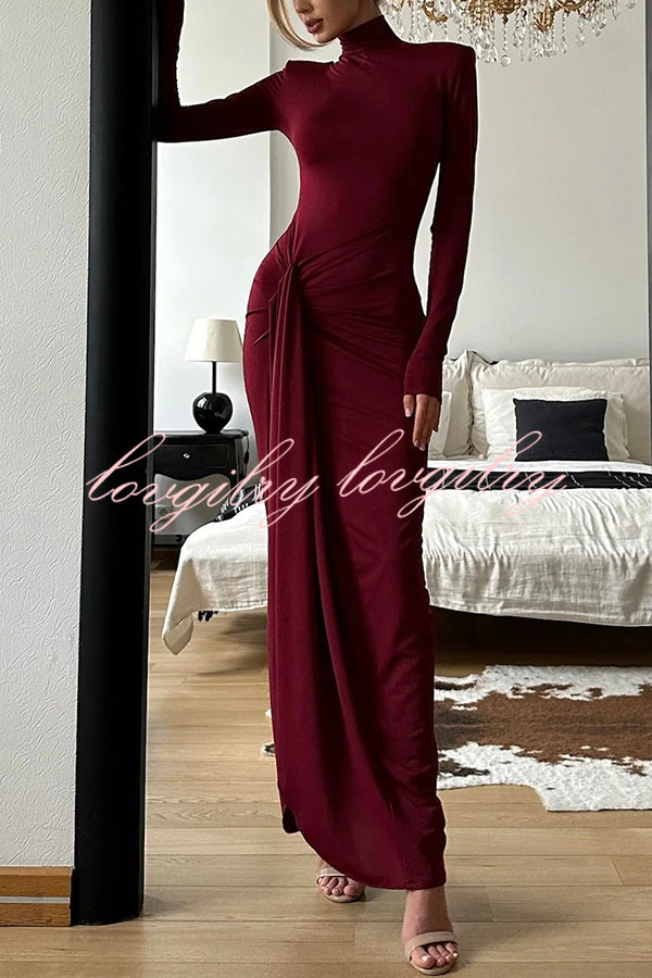 Luxe Silhouette High Neck Shoulder Pads Drape Stretch Maxi Dress