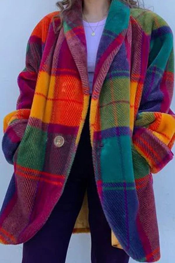 Show Stopping Plush Lined Lapel Color Blocked Long Sleeved Coat