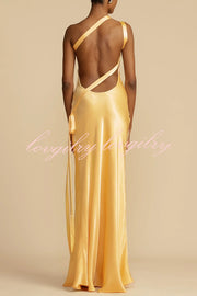 Moonlit Soiree Satin Asymmetrical One Shoulder Backless Strap Maxi Dress