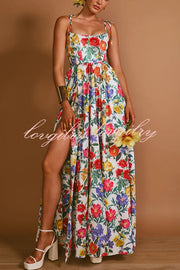 Garden Wedding Floral Print Back Tie-up Pocketed Slit Maxi Dress