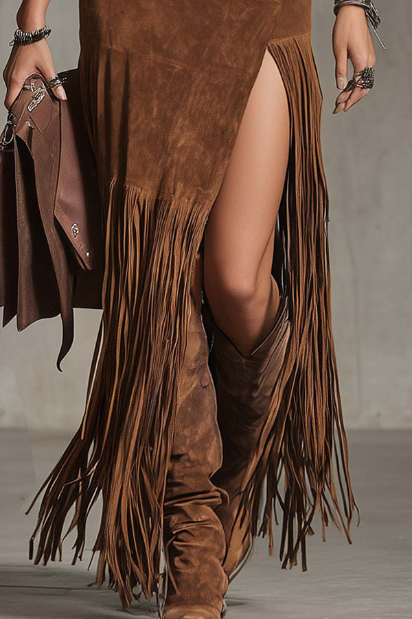 Fashionable Denim Suede Patchwork Spliced slit Fringed Hem Extra-long Midi Skirt