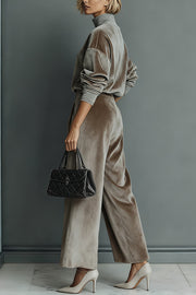 Stylish Velvet Turtleneck Long-sleeved Top and Casual Pocket Wide-leg Pants Set