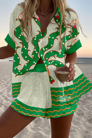 Exotic Plant Print Loose Button Elastic Waist Shorts Set