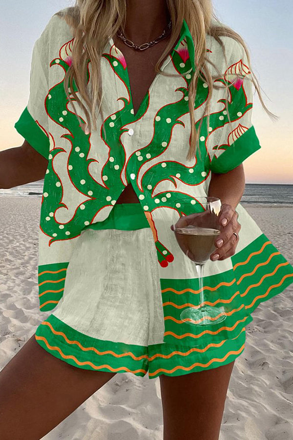 Exotic Plant Print Loose Button Elastic Waist Shorts Set