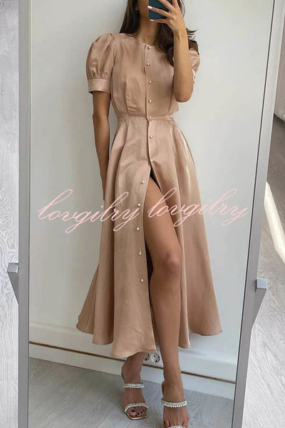 Chic and Classy Vibe Puff Sleeve Pearl Button Slit Midi Dress