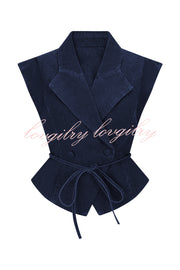 Charley Denim Button Up Cap Short Sleeve Structured Tie-up Lapel Top