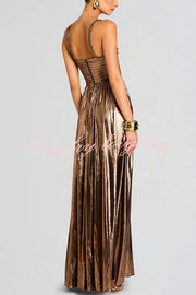 Artistic Quality Metallic Pleated Fabric Removable Straps Slit Maxi Dress