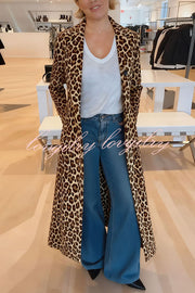 Leopard Print Long Sleeve Pocket Casual Maxi Trench Coat
