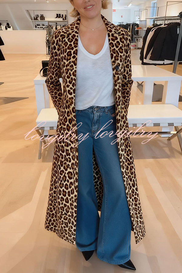 Leopard Print Long Sleeve Pocket Casual Maxi Trench Coat