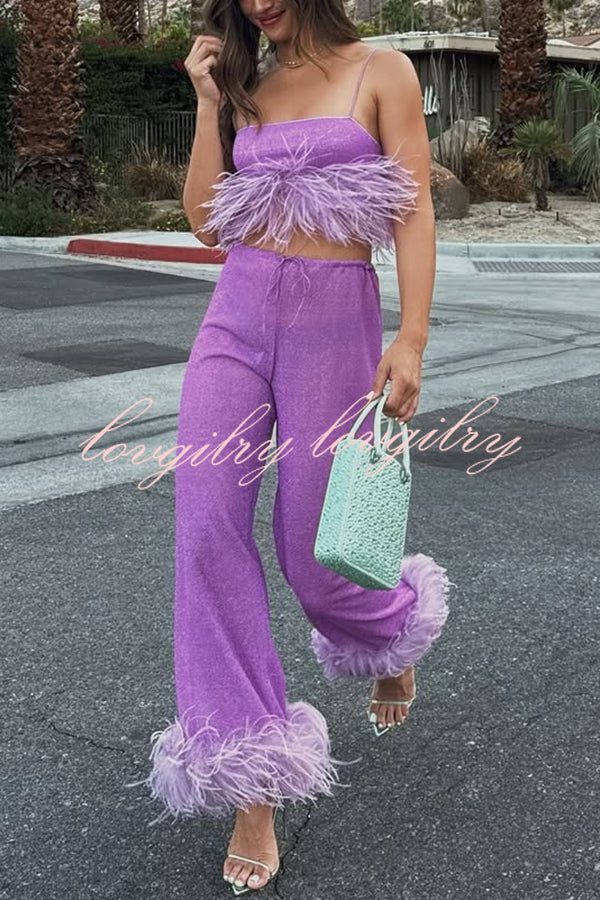 Music Carnival Glitter Stretch Fabric Feather Trim Tank and Elastic Waisted Flared Pants Set