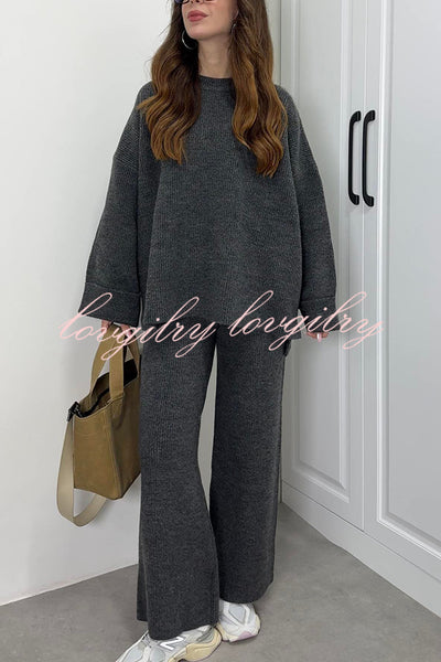 Solid Color Loose Long-sleeved Knit Top and Elastic Waist Casual Straight Leg Pants Set