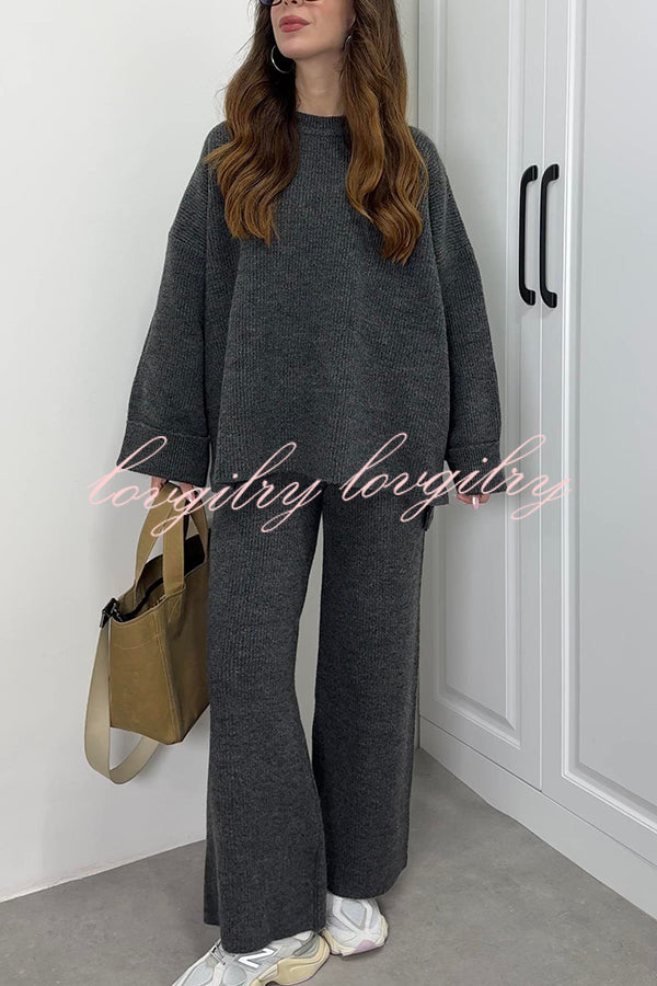 Solid Color Loose Long-sleeved Knit Top and Elastic Waist Casual Straight Leg Pants Set