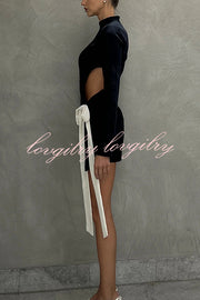 Fashionable Long-sleeved Hollowed-out Bow Slim-fit Mini Dress