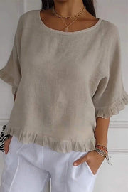 Solid Color Casual Round Neck Short Sleeve Ruffled Loose Top
