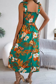 Plant Print Suspenders Pleated Holiday Beach Midi Dress