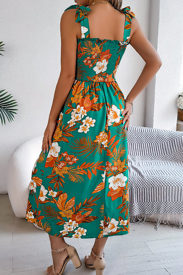 Plant Print Suspenders Pleated Holiday Beach Midi Dress