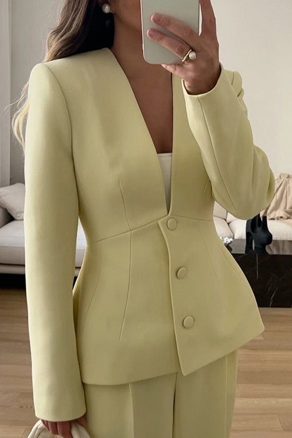 Solid Color Long-sleeved V-neck Button Casual Blazer