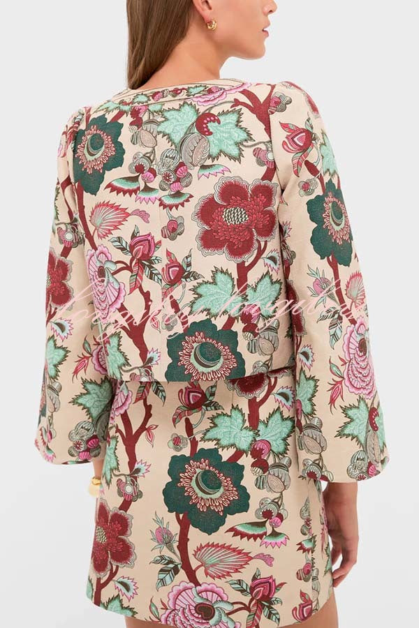 Autumn Garden Printed V-neck Long Bell Sleeve Top and Mid Rise Skirt Set