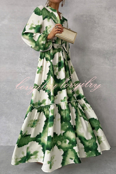 Unique Printed V-neck Long Sleeve Waist Tie-down Maxi Dress