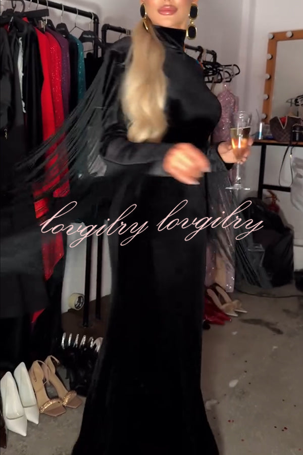 Eve Velvet Open Back Tassel Trim Long Sleeve Slit Maxi Dress