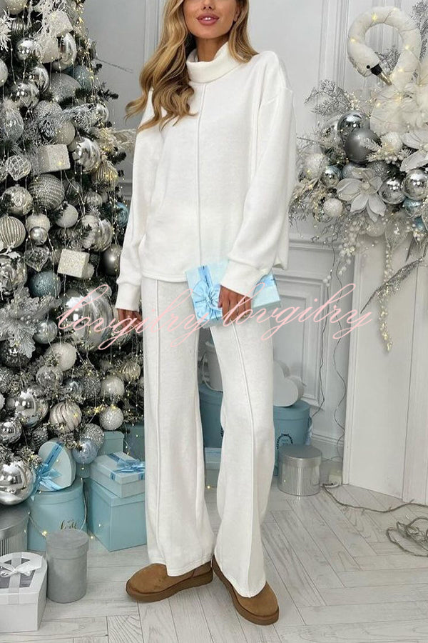 Solid Color Casual Knitted High Neck Long Sleeve Top and Elastic Waist Loose Pants Set