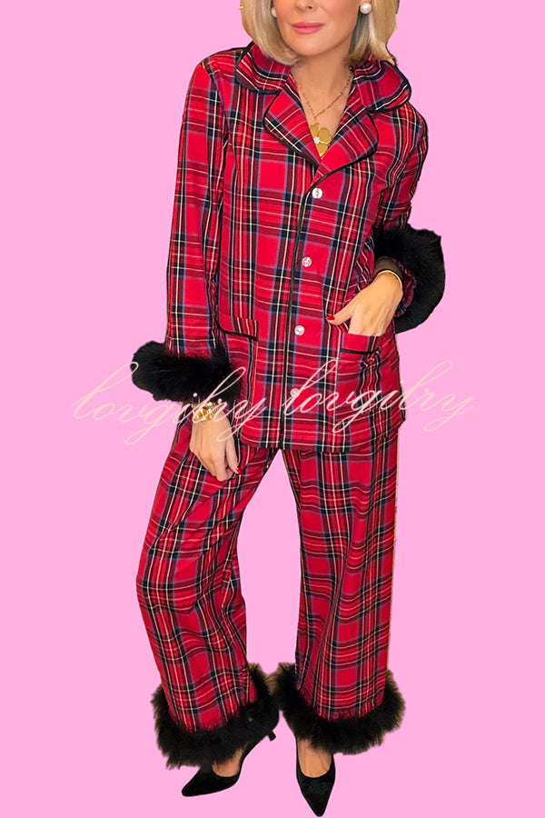 Holiday Time Plaid Contrast Feather Sleeve Pocket Shirt and Elastic Waist Pajama Set