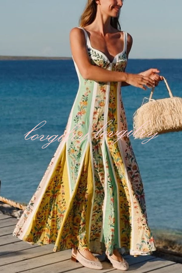 Sweet Garden Linen Blend Color Block Floral Paneled Maxi Dress