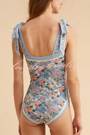 Sherry Vintage Style Floral Printed Reversible Tie Shoulder Stretch One-piece Swimsuit