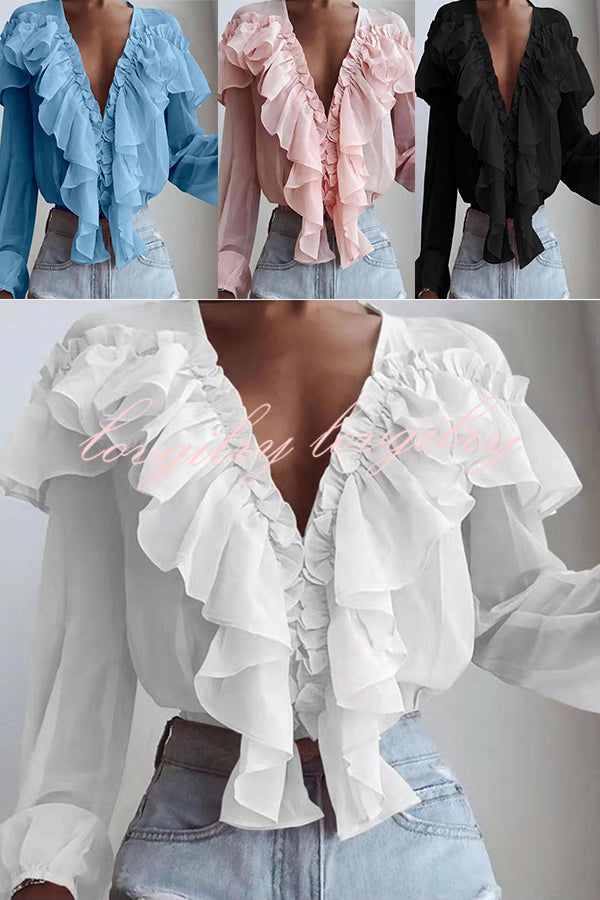 Spliced ruffled V Neck Pleated Long Sleeved Top