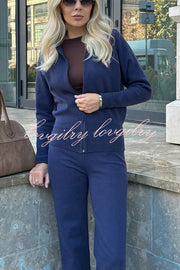 Cozycore Knit Zipper Long Sleeve Cardigan and Stretch Wide Leg Pants Set