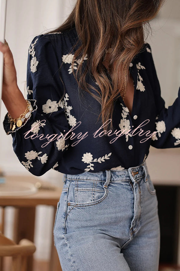 Floral Embroidery Long-Sleeved Button-Up Elegant Shirt