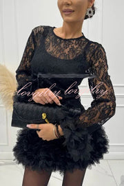 Alyssa Lace Fabric Tulle Layered Petals Trim Long Sleeve Mini Dress