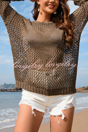 Solid Color Round Neck Long Sleeve Heart Knitted Beach Cover Up