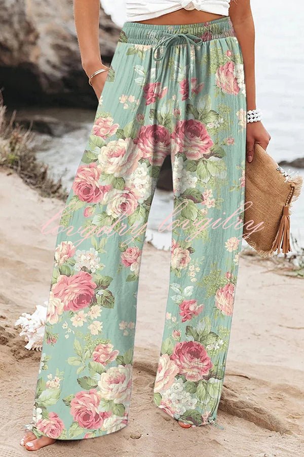 Colorful Print Elastic Waist Drawstring Pocket Pants