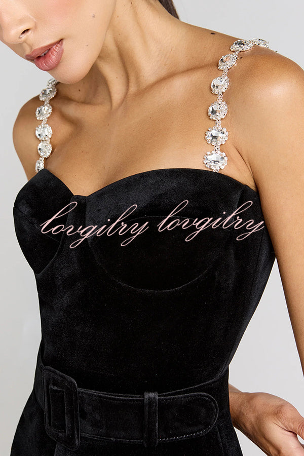 Eliza Luxurious Velvet Fabric Jewel-embellished Shoulder Straps Belted Flare Jumpsuit