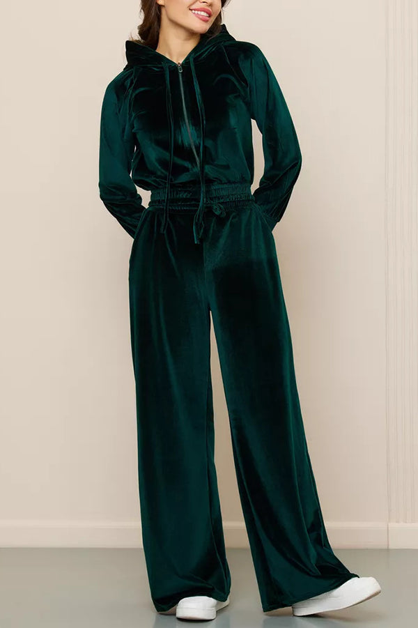 Solid Color Velvet Hooded Zip-up Sweatshirt and Elastic Waist Casual Pocket Straight-leg Pants Set