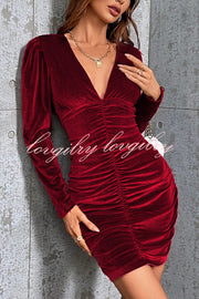 Solid Color Velvet Sexy V-neck Long Sleeve Ruched Mini Dress