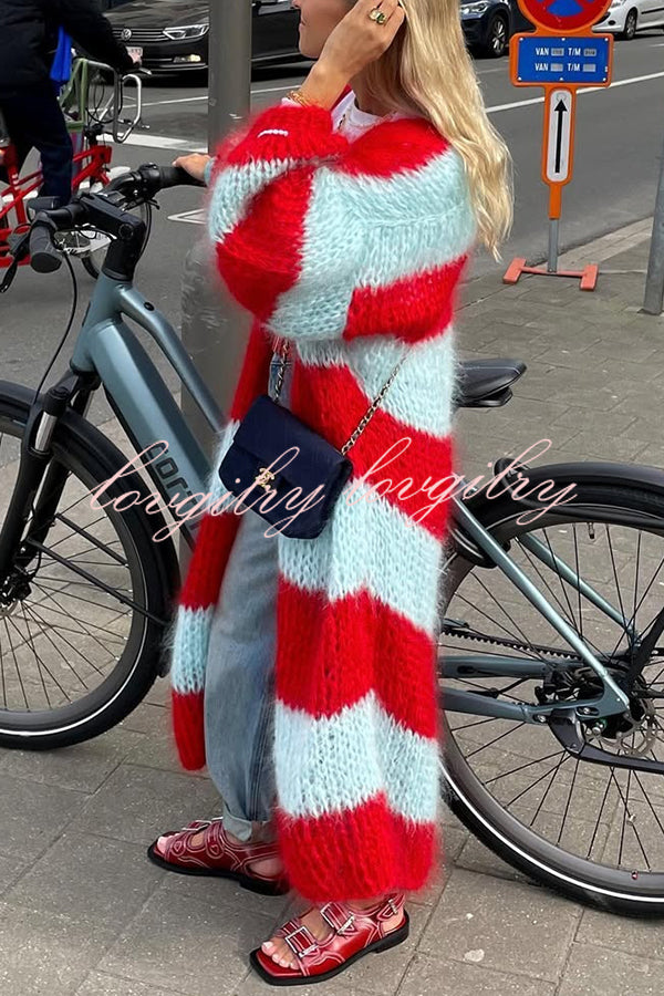Fashionable Contrast Stripes Lazy Style Loose Long Knitted Cardigan