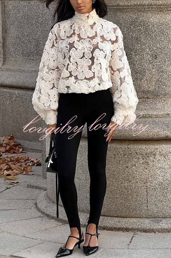 Fashionable Embroidered Flower Loose Puff Sleeve Hollow Top