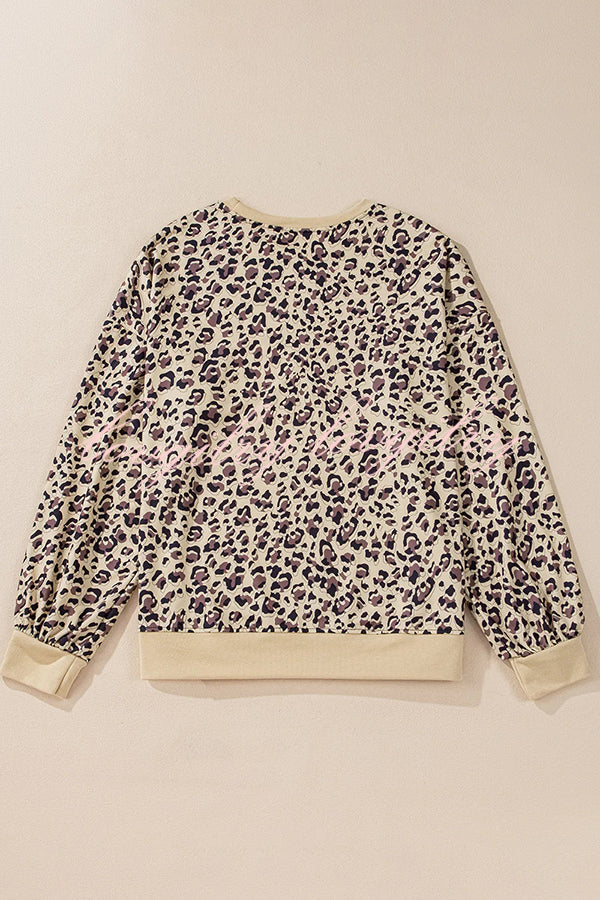 Leopard Print Crew Neck Patchwork Long sleeve Casual Loose Sweatshirt