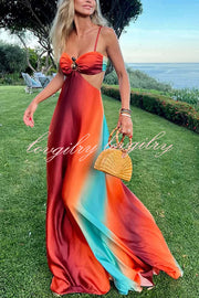 Neon Sunset Printed Metal Decoration Cutout Back Tie-up Vacation Maxi Dress