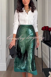 Shimmer Scene Sequin Patchwork Hem High Rise Slit Pencil Midi Skirt